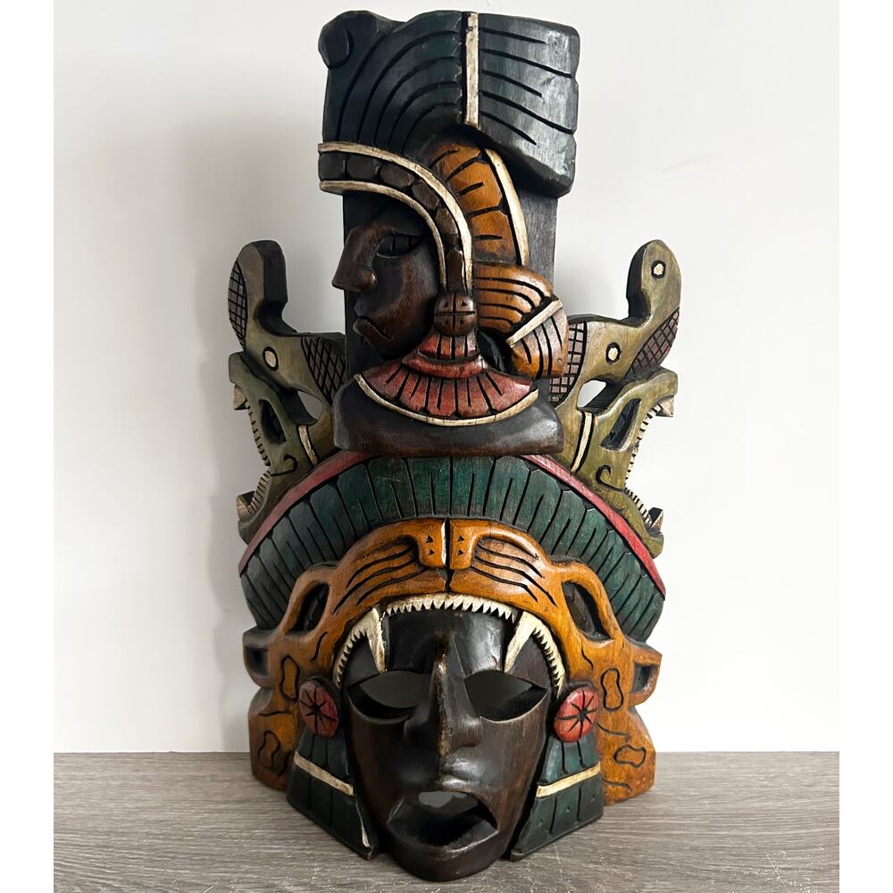 VNTG Mexican Mayan Wooden Jaguar Warrior Mask Hand Carved Hand Painted Large 15”
